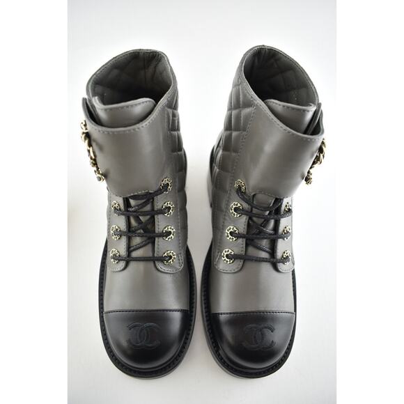Chanel 21A Grey Black Quilted CC Chain Combat Lace Up Tie Ankle Short Boots 38 - Picture 7 of 11